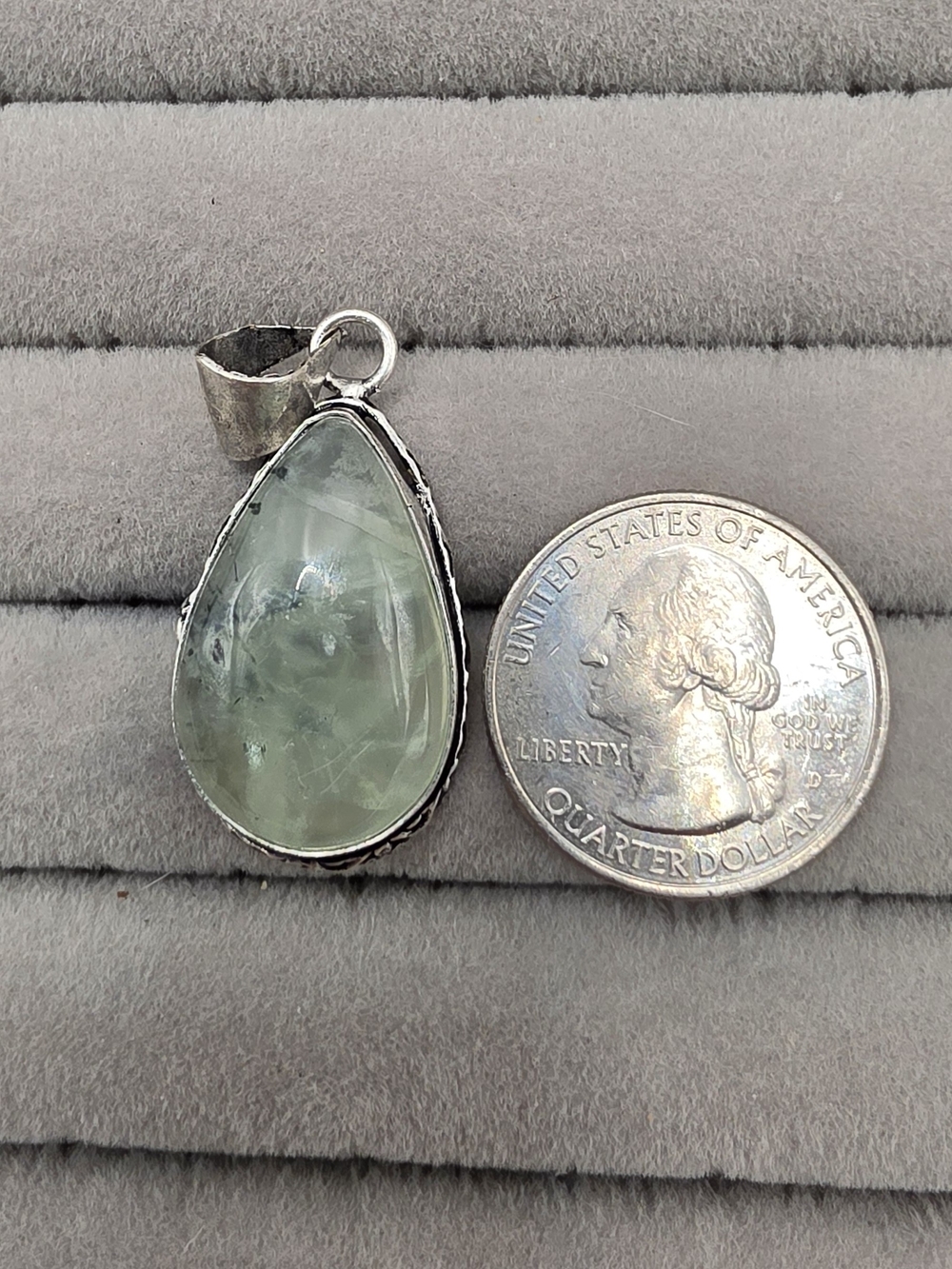Prehnite Teardrop Gemstone Pendant Necklace - Silver Plated Setting